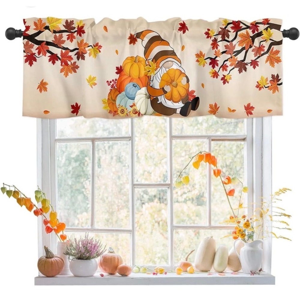 Fall Autumn Gnome Window Valance Pumpkin Maple Leaf Kitchen Curtain 54x18 NEW